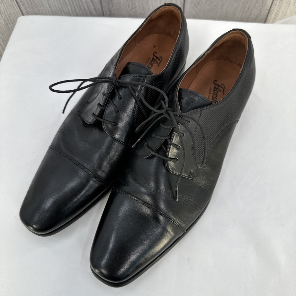 Florsheim Mens 10D Black Postino Cap Toe Derby Oxfords Lace Up Leather Ortholite